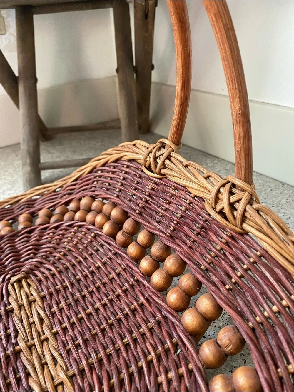 Vintage Hand-Woven Wicker & Rattan Gathering Basket
